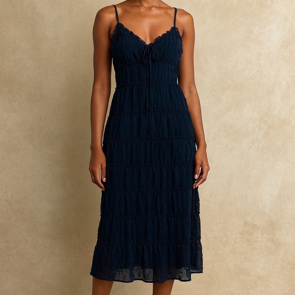 Le Lis Navy Textured Tiered Midi Dress | NWT Size Small